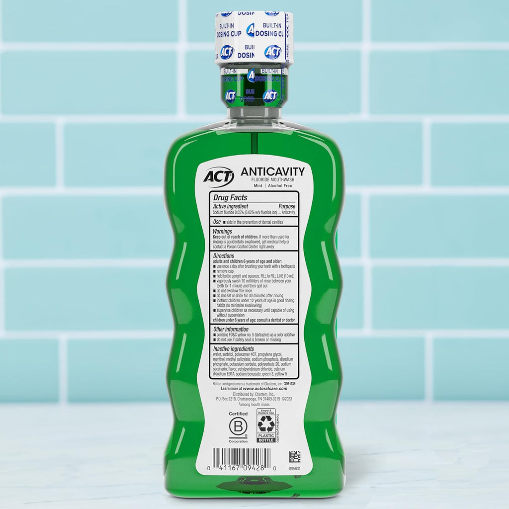 ACT Anticavity Zero Alcohol Fluoride Mouthwash, 18 fl. oz., Mint, With Dosing Cup