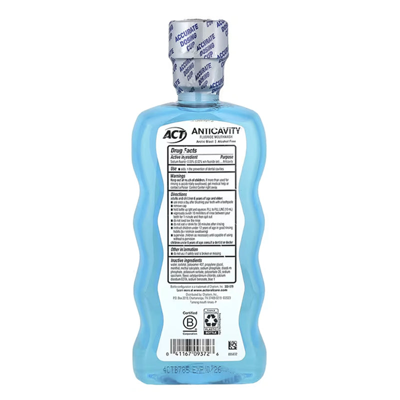 ACT Anticavity Zero Alcohol Fluoride Mouthwash 18 fl. oz (532 ml), with Accurate Dosing Cup, Arctic Blast