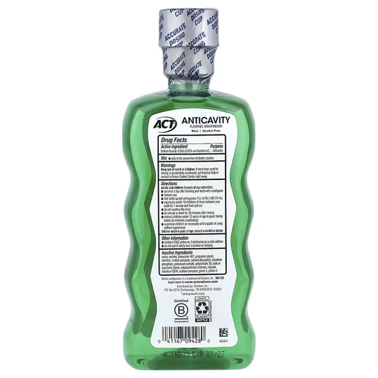 ACT Anticavity Zero Alcohol Fluoride Mouthwash 18 fl. oz (532 ml), with Accurate Dosing Cup, Mint